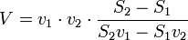 V = v_1 \cdot v_2 \cdot \frac {S_2 - S_1}{S_2v_1 - S_1v_2} 