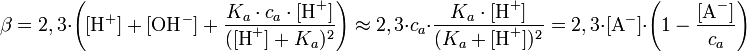\beta = 2,3 \cdot \left([\mbox{H}^+] + [\mbox{OH}^-] + \frac{K_a \cdot c_a \cdot [\mbox{H}^+]}{([\mbox{H}^+] + K_a)^2}\right) \approx 2,3 \cdot c_a \cdot \frac{K_a \cdot [\mbox{H}^+]}{(K_a + [\mbox{H}^+])^2} = 2,3 \cdot [\mbox{A}^-] \cdot \left(1 - \frac{[\mbox{A}^-]}{c_a}\right)