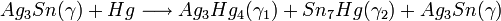 Ag_{3}Sn(\gamma) + Hg \longrightarrow Ag_{3}Hg_{4}(\gamma_{1}) + Sn_{7}Hg(\gamma_{2}) + Ag_{3}Sn(\gamma)
