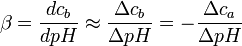 \beta = \frac{dc_b}{dpH} \approx \frac{\Delta c_b}{\Delta pH} = - \frac{\Delta c_a}{\Delta pH}