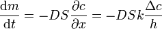 
  \frac{\mathrm{d}m}{\mathrm{d}t} = - D S \frac{\partial c}{\partial x} = - D S k \frac{\Delta c}{h}
