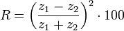  R = \left( \frac{z_1 - z_2}{z_1 + z_2} \right) ^2 \cdot 100 
