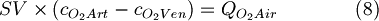    SV \times \left(c_{O_{2}Art} - c_{O_{2}Ven} \right)= Q_{O_{2}Air}  \qquad \qquad(8)