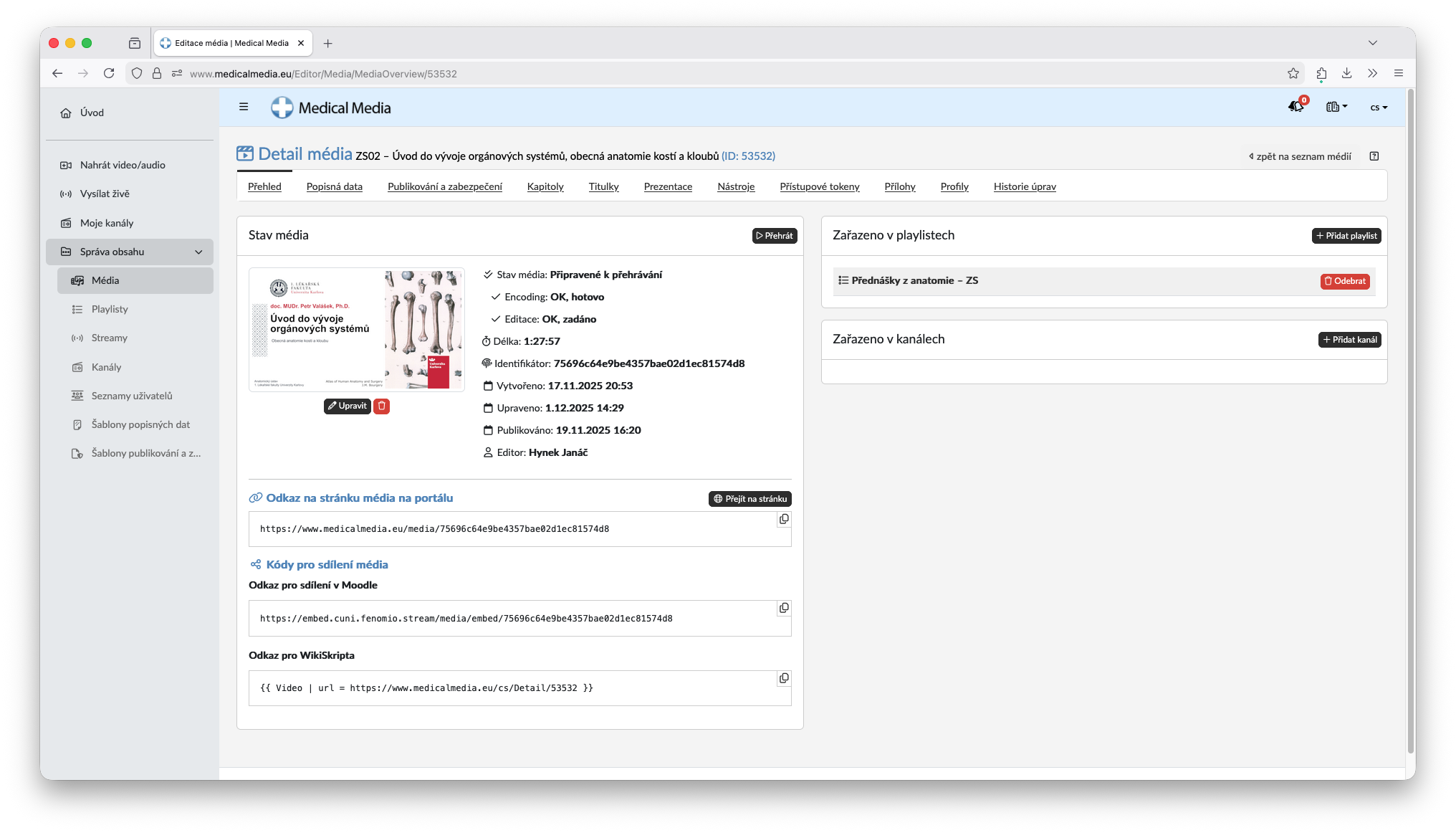 Úprava metadat videa na stránce MedicalMedia.eu